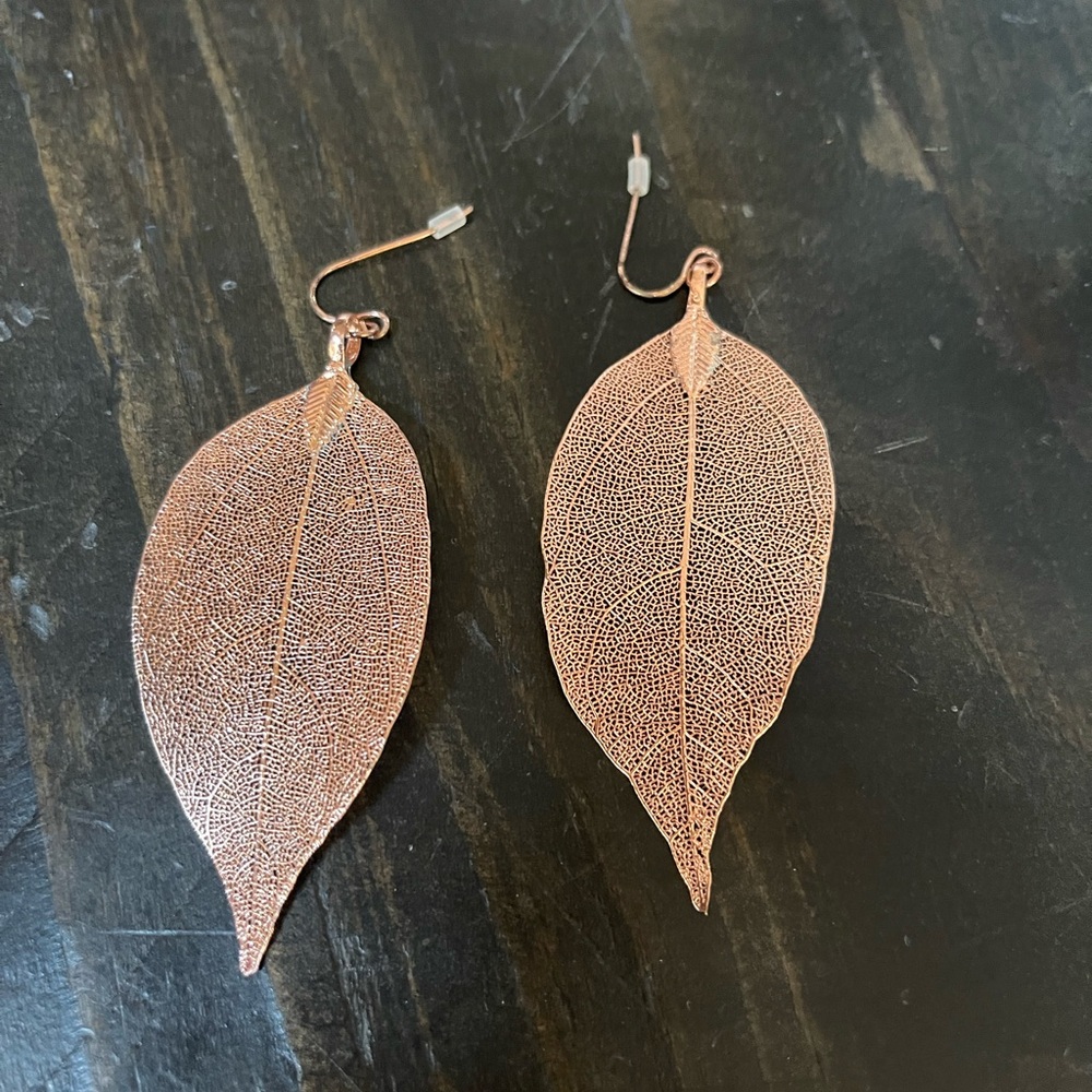 Rose Gold Tone Leaf Dangle Earrings Boho Chic